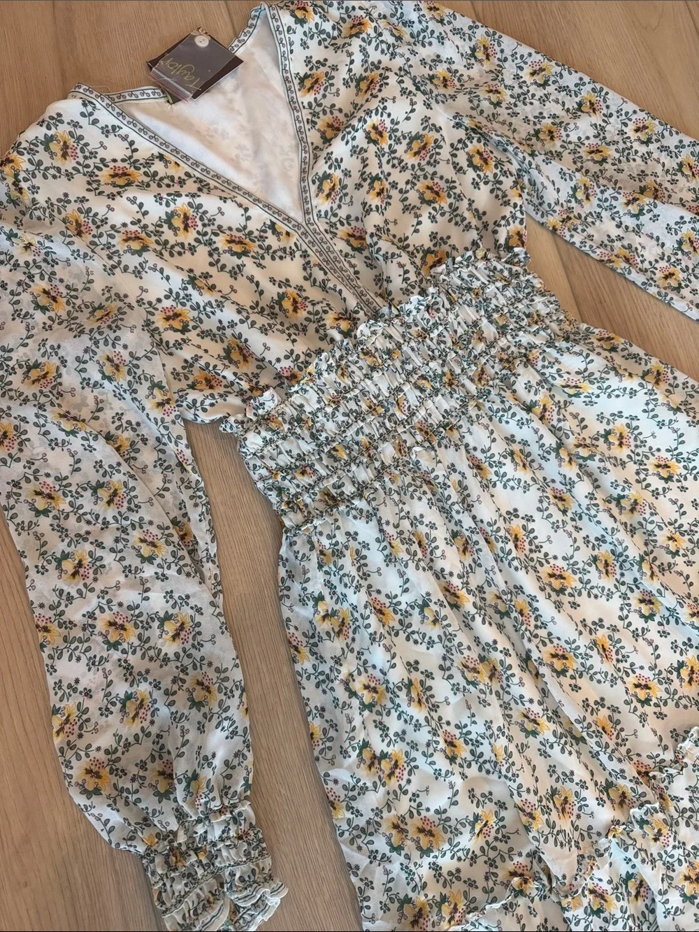 Taylor Floral Smocked Long Sleeve Mini Dress - Cream & Yellow NWT